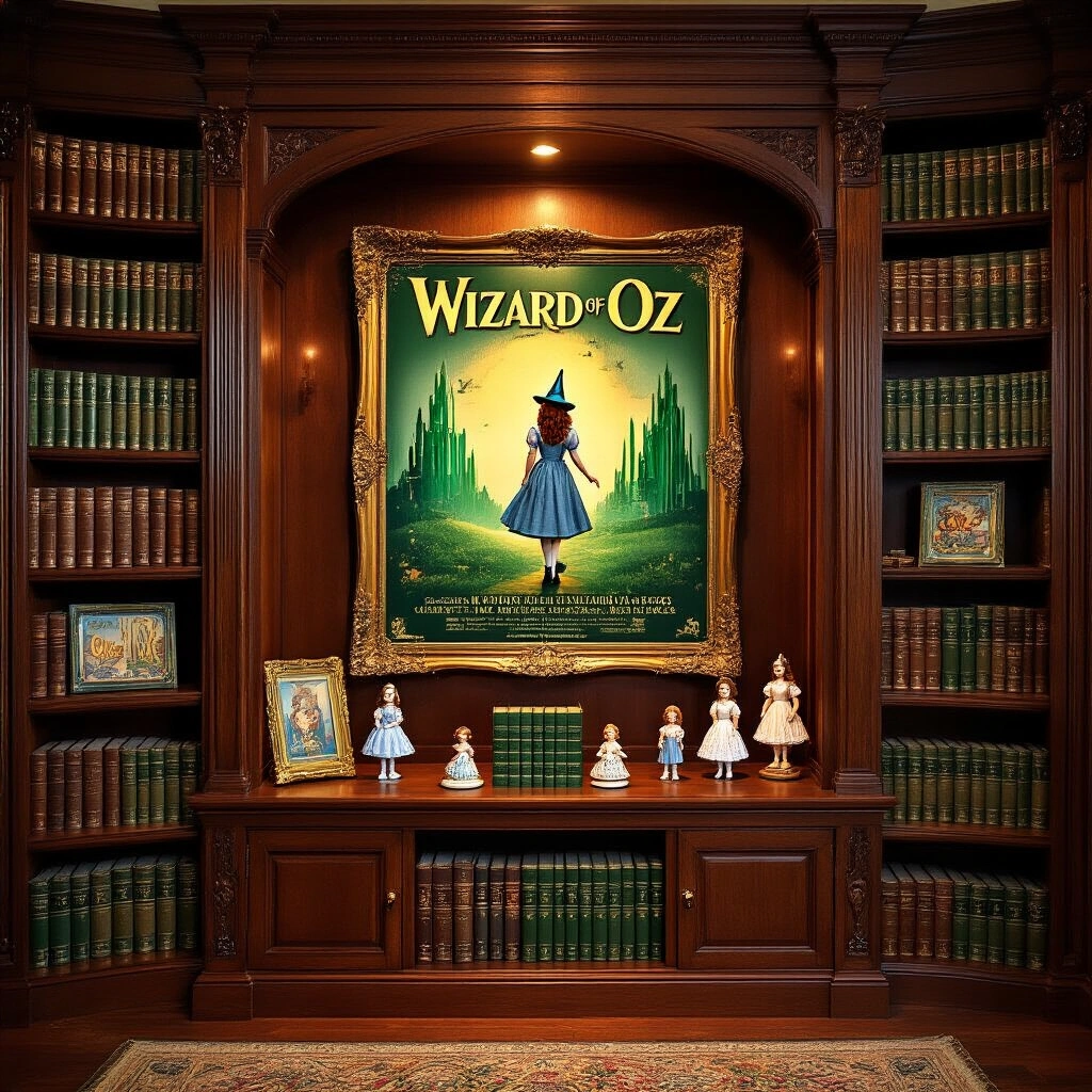 Judy Garland and The Wizard of Oz: The Role That Changed Everything A cozy reading nook in a book-lined study showcases a Wizard of Oz collector's display, featuring a rich mahogany bookshelf filled with leather-bound novels, vintage DVDs, and porcelain figurines. A framed vintage movie poster and sepia sheet music adorn the shelves, while an emerald velvet armchair with a knit throw sits invitingly in the foreground. Soft fairy lights twinkle among the books, casting a warm amber glow in the scholarly and nostalgic atmosphere.