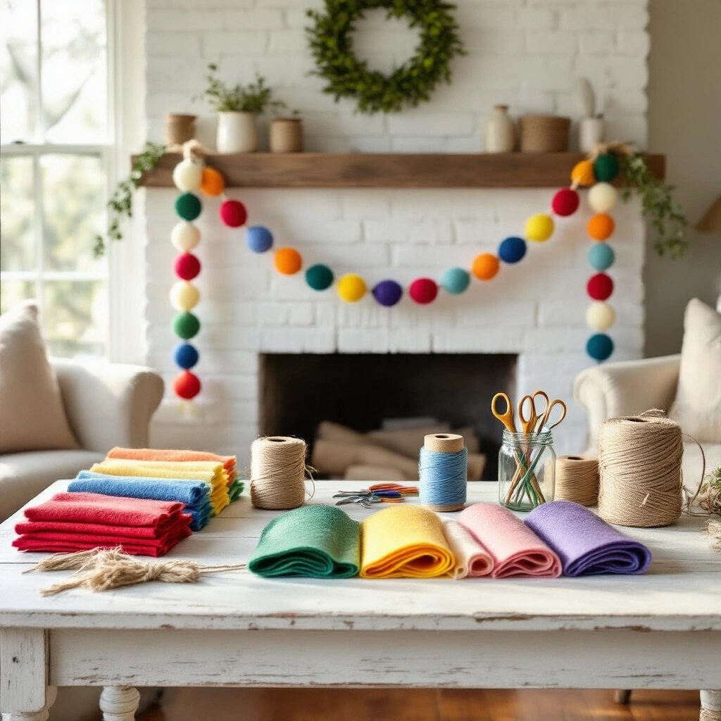 How to Make a Felt Garland: 3 Easy No-Sew Methods That Actually Look Good A whimsical DIY craft station in a sunlit living room, featuring a weathered white oak table with rainbow-colored felt sheets, jute twine, embroidery floss, and a mason jar with crafting tools, alongside a completed felt garland draping over a brick mantel adorned with candles and eucalyptus, all captured in warm morning light.