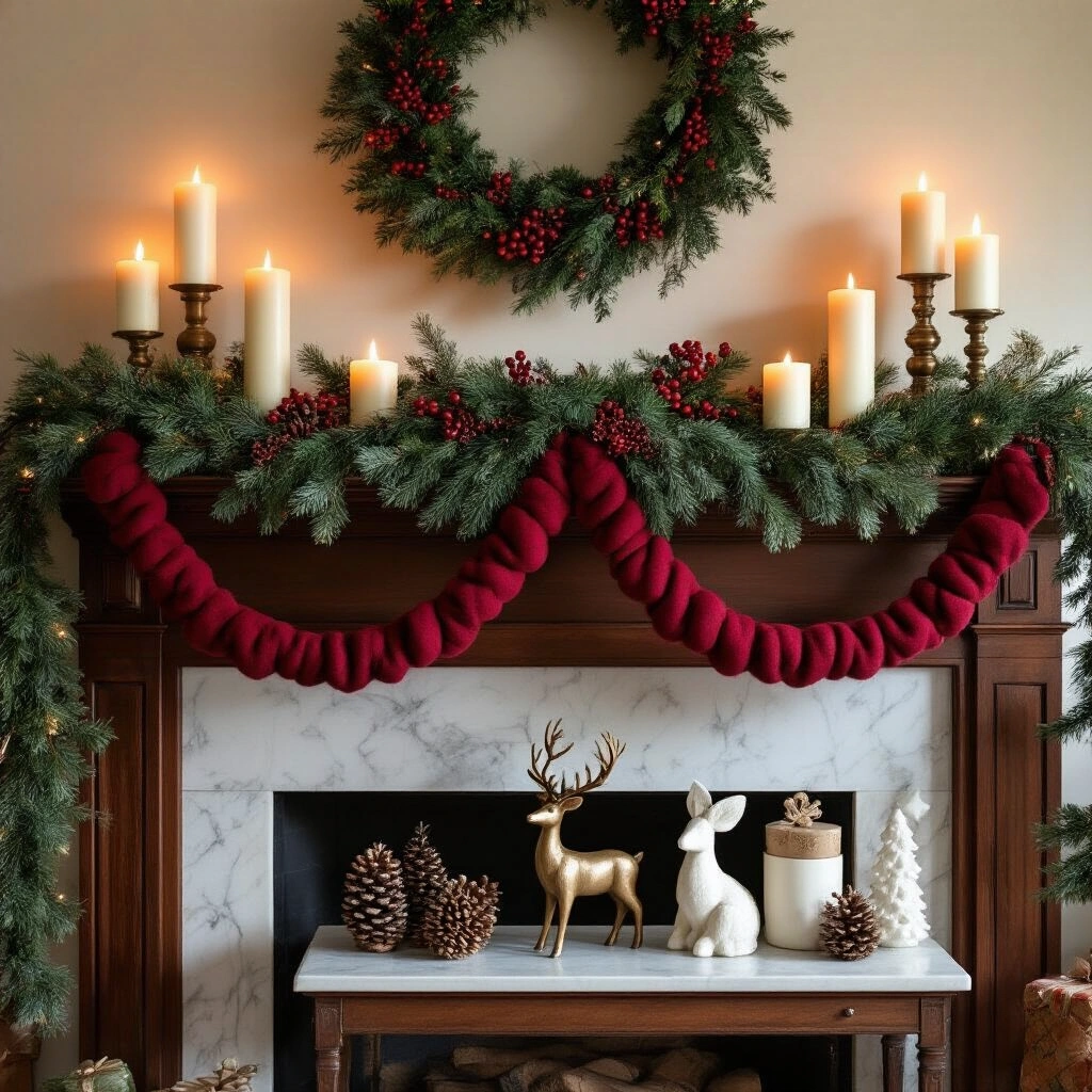 How to Make a Felt Garland: 3 Easy No-Sew Methods That Actually Look Good A festive holiday mantel featuring a deep red and forest green garland, clusters of pillar candles in antique brass holders, sprigs of fresh pine and holly berries, white ceramic stockings, and a sculptural reindeer, illuminated by warm candlelight and a crackling fireplace.