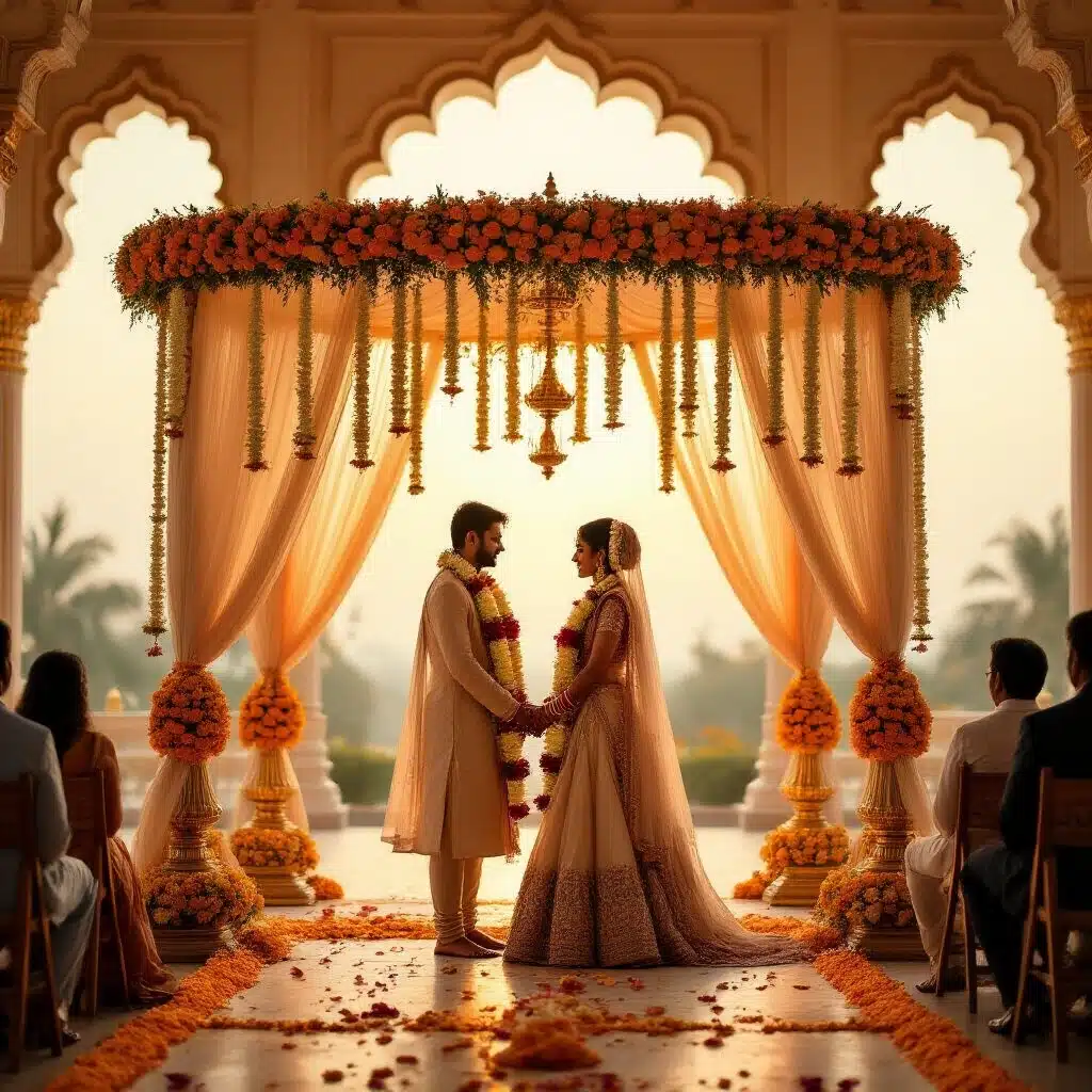 South Indian Wedding Garlands: Everything You Need to Know Before You Buy or Make One Wide-angle shot of an opulent South Indian wedding ceremony hall illuminated by warm golden light, featuring a lavish mandap with floral garlands, a bride and groom exchanging garlands amidst scattered petals, and guests in silk sarees, creating a sacred and luminous atmosphere.