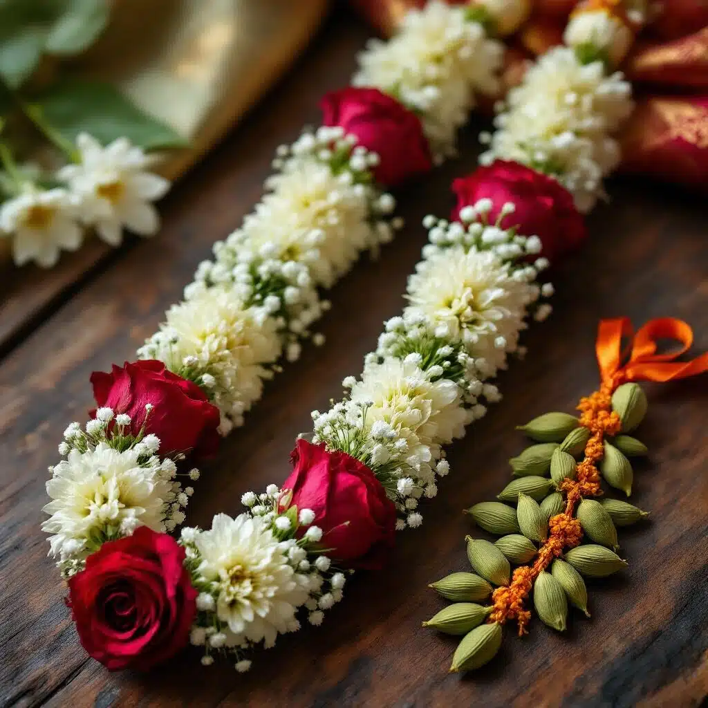 South Indian Wedding Garlands: Everything You Need to Know Before You Buy or Make One Close-up view of intricately woven South Indian varmala garlands made of red roses and white tuberose on aged teak wood, showcasing water droplets on fresh petals, alongside a cardamom garland with green pods. The backdrop features deep magenta silk fabric and scattered holy basil and betel leaves, evoking an intimate, artisan atmosphere in soft morning light.