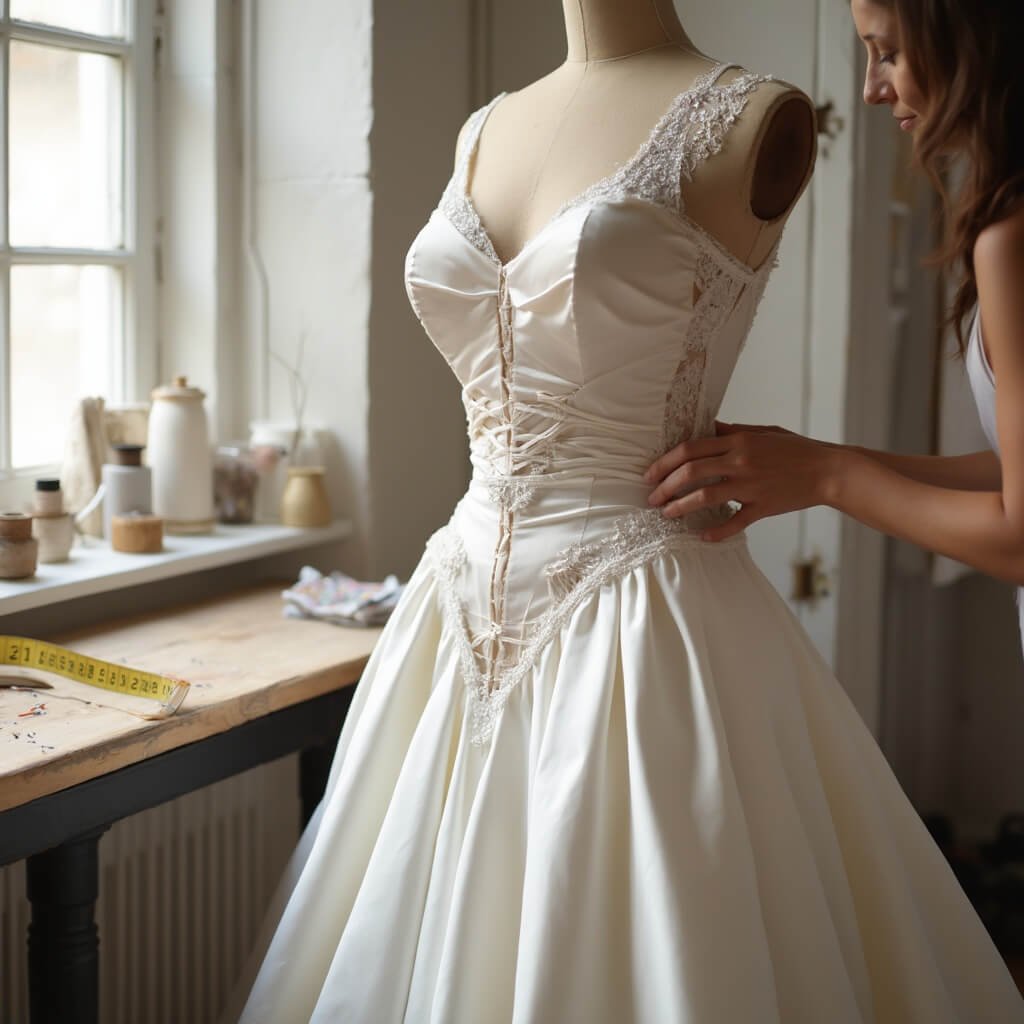 What Is a Mermaid Wedding Dress, and Is It Right for You? Bridal seamstress adjusting corsetry inside a satin gown on a dress form, with sewing tools on a lit workspace