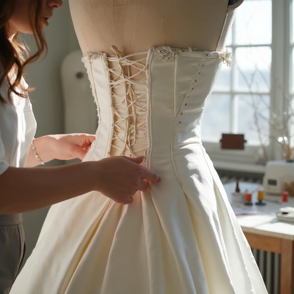 What Is a Mermaid Wedding Dress, and Is It Right for You? Bridal seamstress adjusting corsetry inside a satin gown on a dress form, with sewing tools in natural window light highlighting fabric folds and bodice construction.