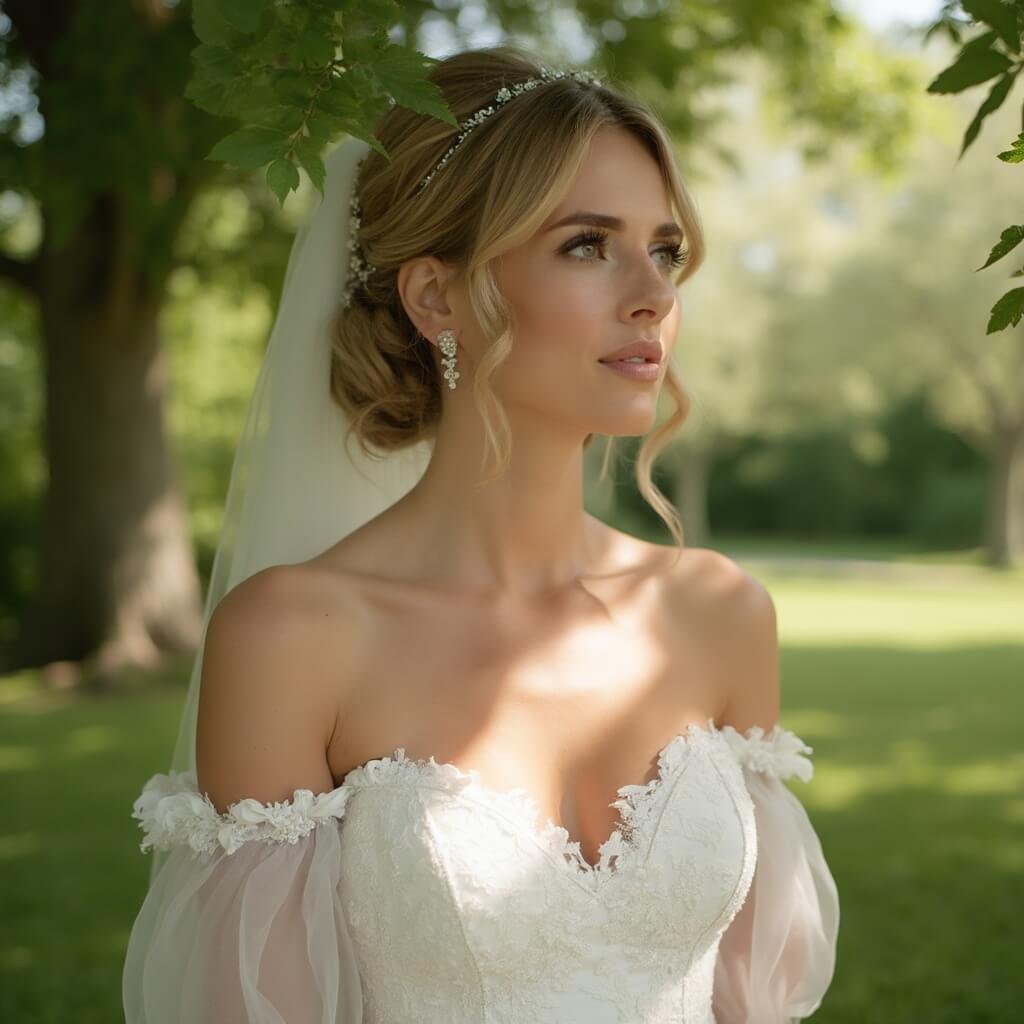 Choosing a Bride Dress — Where to Start and What Actually Matters Bride in off-the-shoulder gown with lace appliqué, illuminated by dappled sunlight in an outdoor garden setting