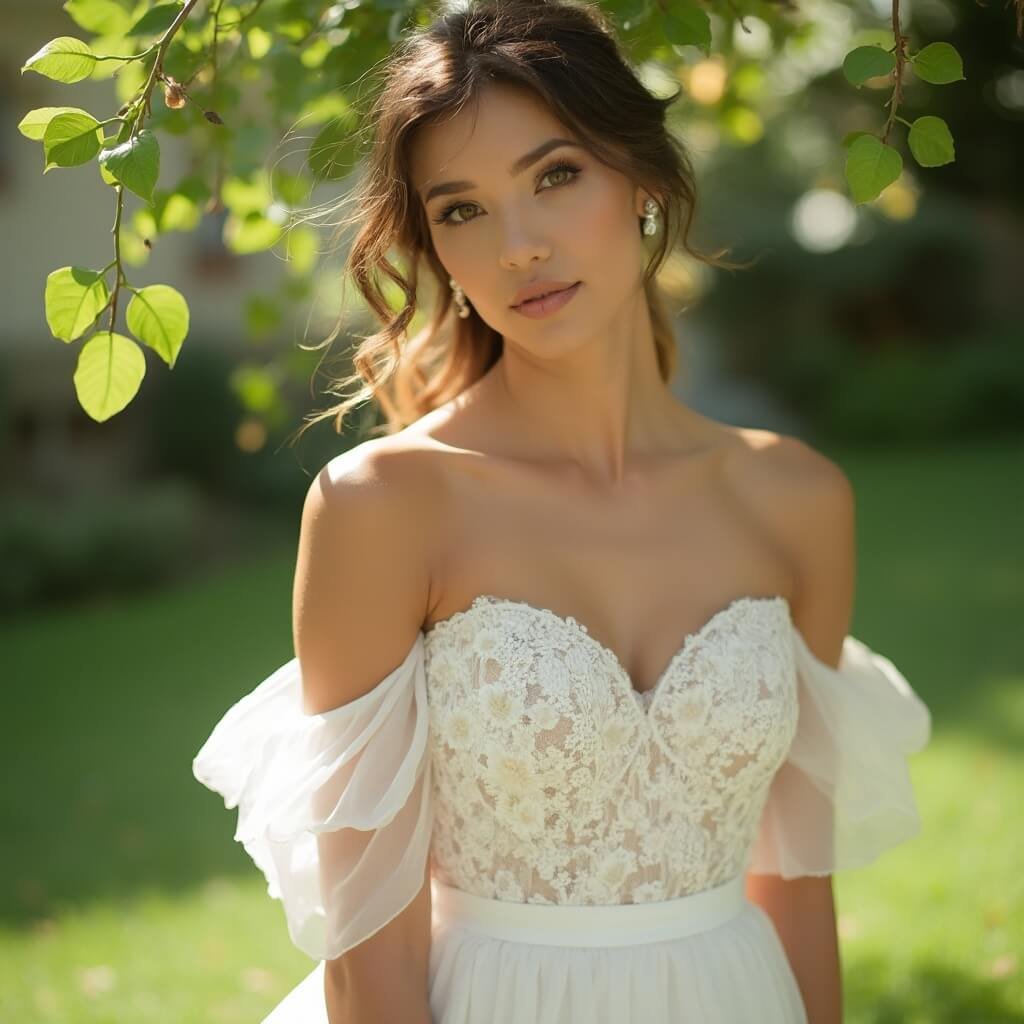 Choosing a Bride Dress — Where to Start and What Actually Matters Bride in off-shoulder gown with lace appliqué bodice, chiffon skirt in breeze, and dappled sunlight through leaves in outdoor garden setting
