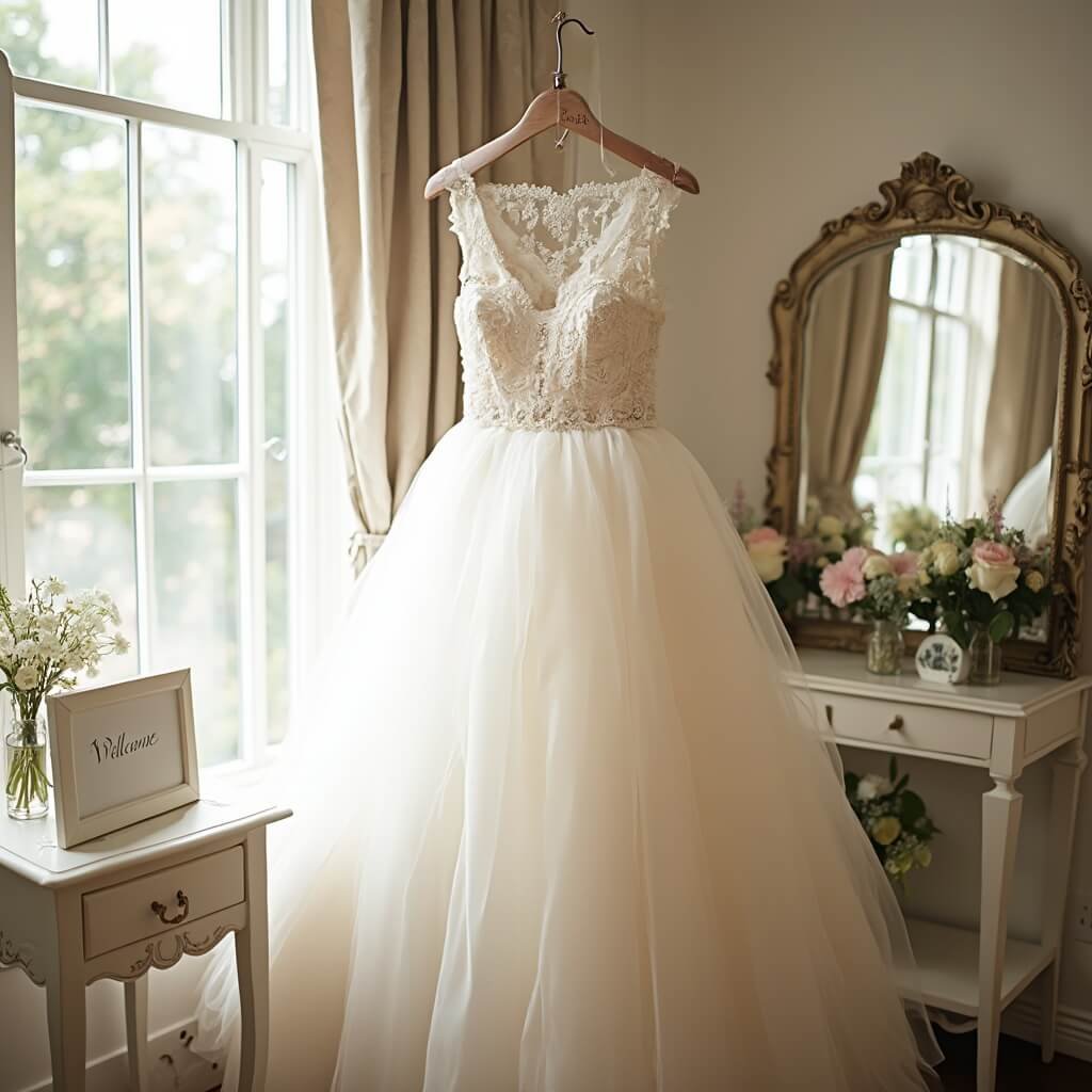 Planning Your Wedding Decor — Where to Start and What Actually Matters Bridal suite with natural light, styled garment rack with monogrammed hanger, vintage mirror with floral arrangements, welcome sign on side table, and soft focus on lace details in clean, uncluttered room