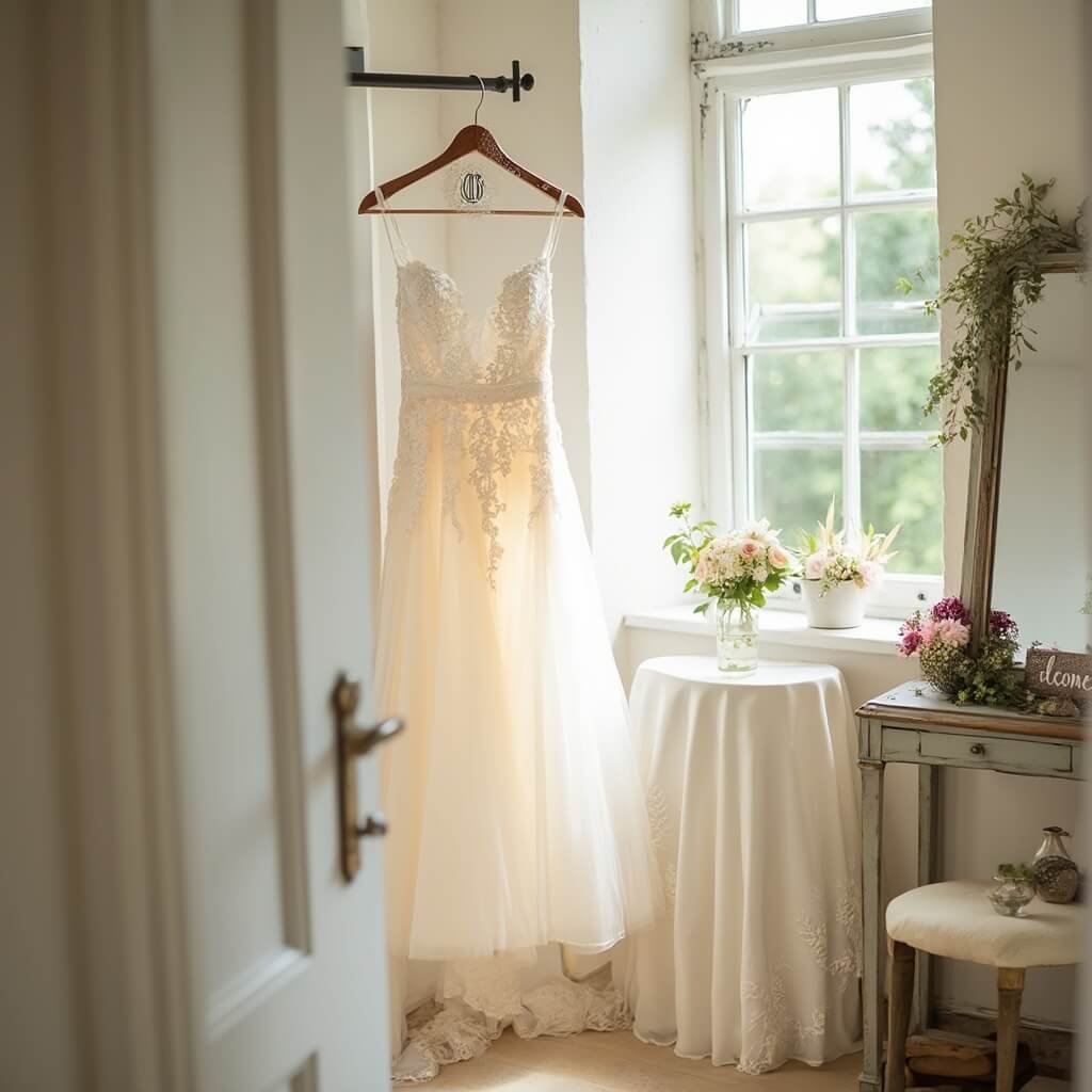 Planning Your Wedding Decor — Where to Start and What Actually Matters Bridal suite with natural window light, styled garment rack with monogrammed hanger, vintage mirror with floral arrangements, welcome sign on side table, and lace details in soft focus foreground