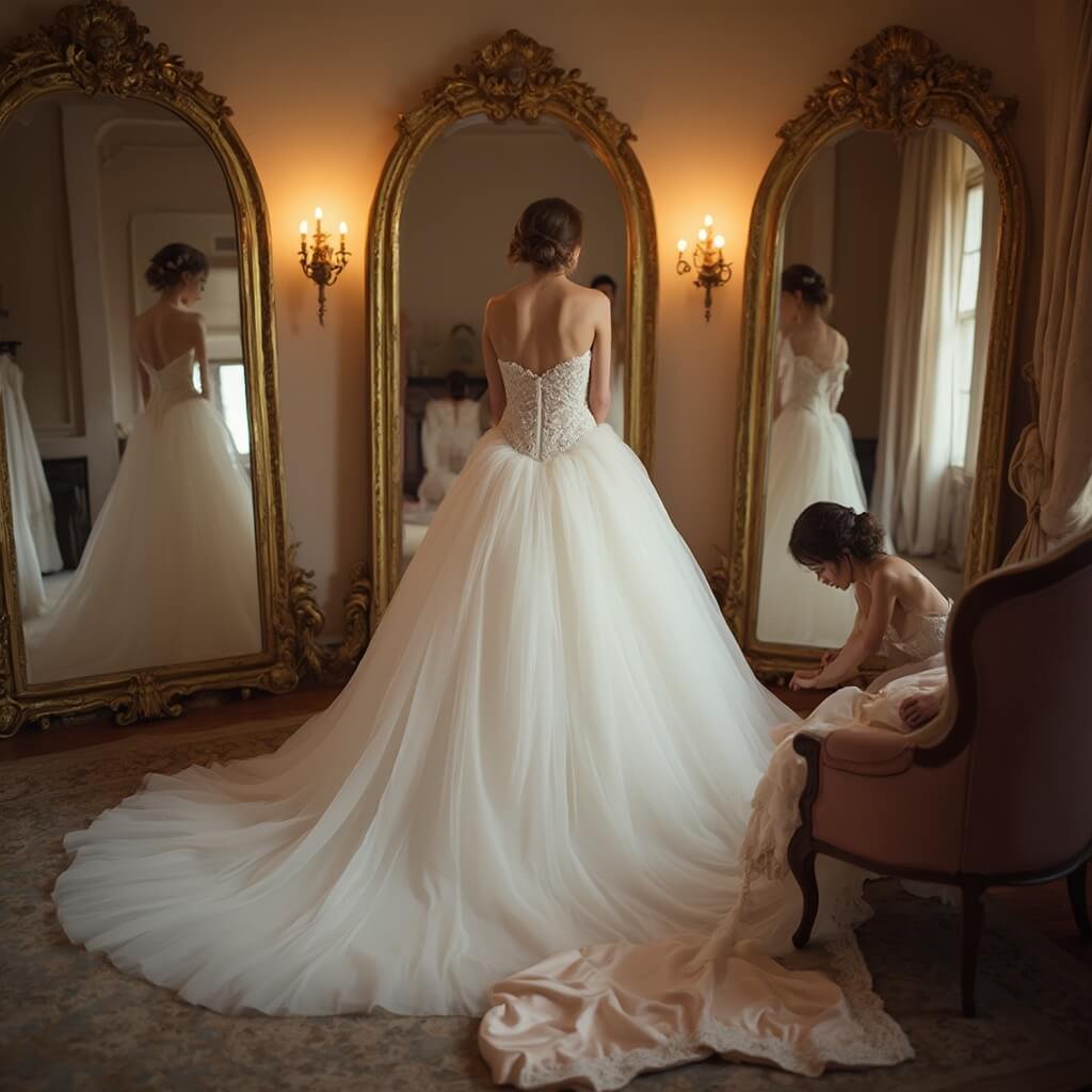 Choosing a Bride Dress — Where to Start and What Actually Matters Bride in a strapless ball gown with a lace bodice in a boutique fitting room, with a seamstress adjusting the hem and fabric swatches on a nearby chair.