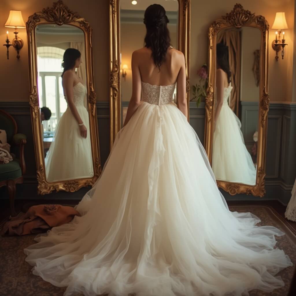 Choosing a Bride Dress — Where to Start and What Actually Matters Bride in a strapless ball gown with a lace bodice in a boutique fitting room with vintage lighting, mirrored walls, and a seamstress adjusting the dress hem.