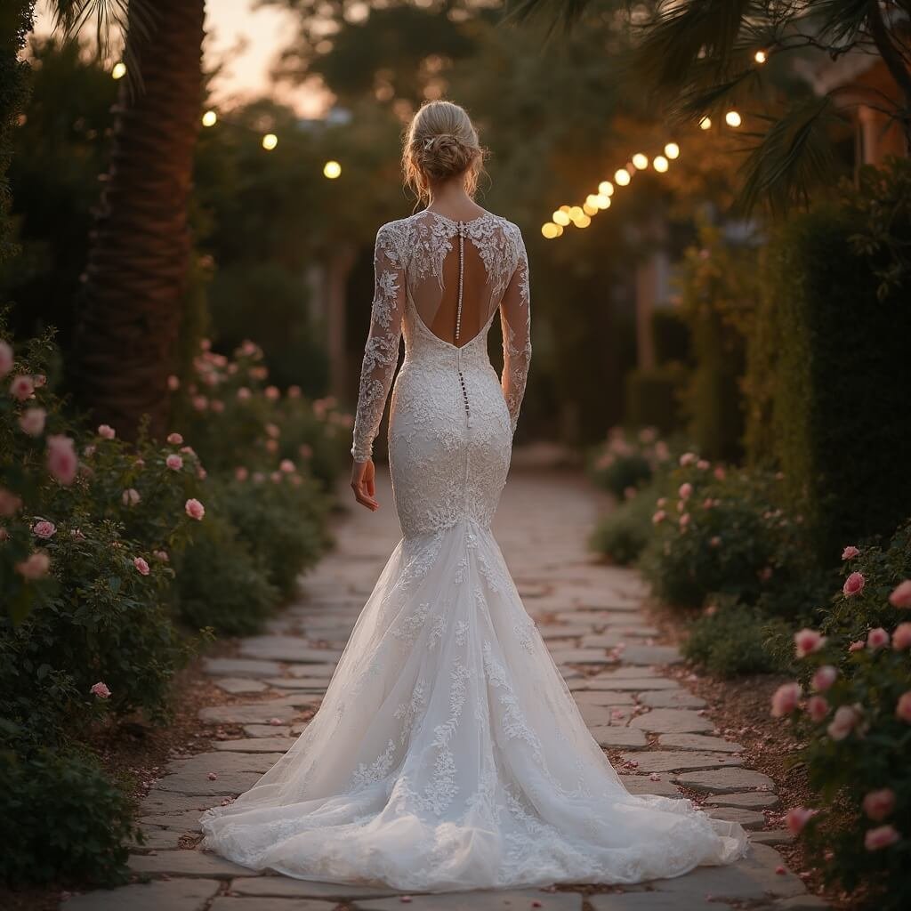 What Is a Mermaid Wedding Dress, and Is It Right for You? Bride in lace mermaid wedding gown walking down a garden aisle at dusk, warm lights glow between trees in the background, shot from behind emphasizing the dress silhouette and movement.