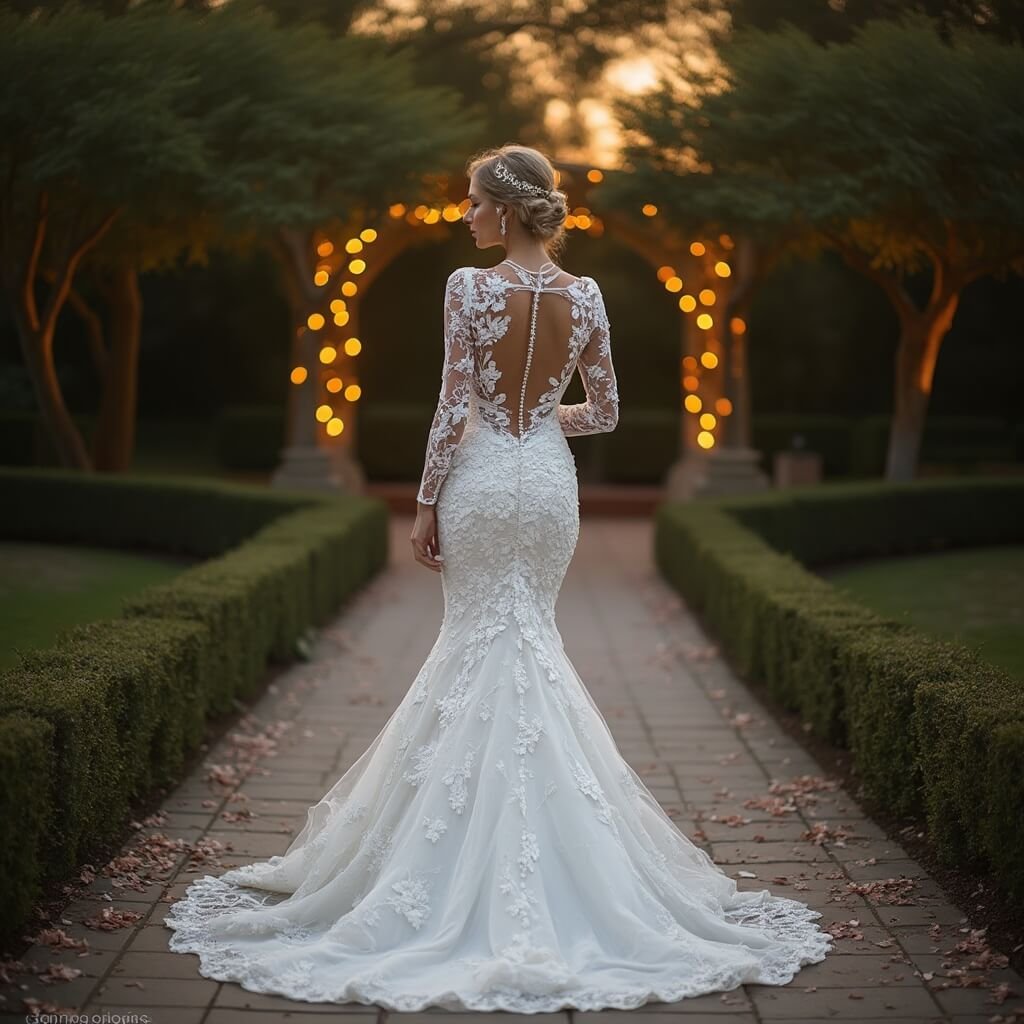 What Is a Mermaid Wedding Dress, and Is It Right for You? Bride in lace mermaid wedding dress walking down a garden aisle at dusk, with warm string lights glowing in the background