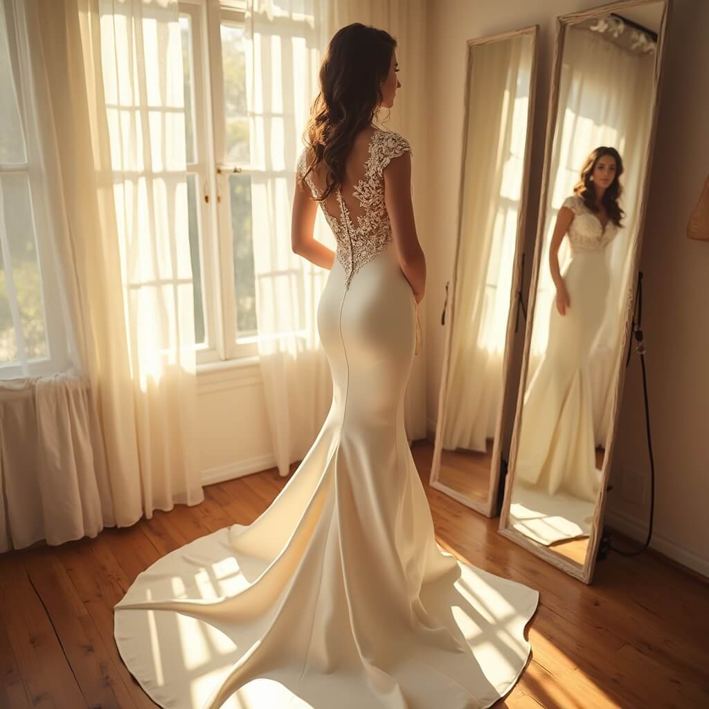 What Is a Mermaid Wedding Dress, and Is It Right for You? Bride in fitting room wearing a fitted ivory mermaid wedding gown with lace bodice, under golden-hour light streaming through a sheer curtain window as reflected in three-way mirrors