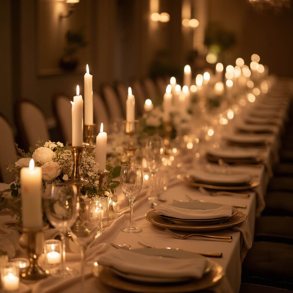 What Does "Luxury Wedding Decor" Actually Mean? Elegant candlelit reception room with long tables, minimal floral arrangements, brass candlesticks, velvet-upholstered chairs, and warm ambient lighting.