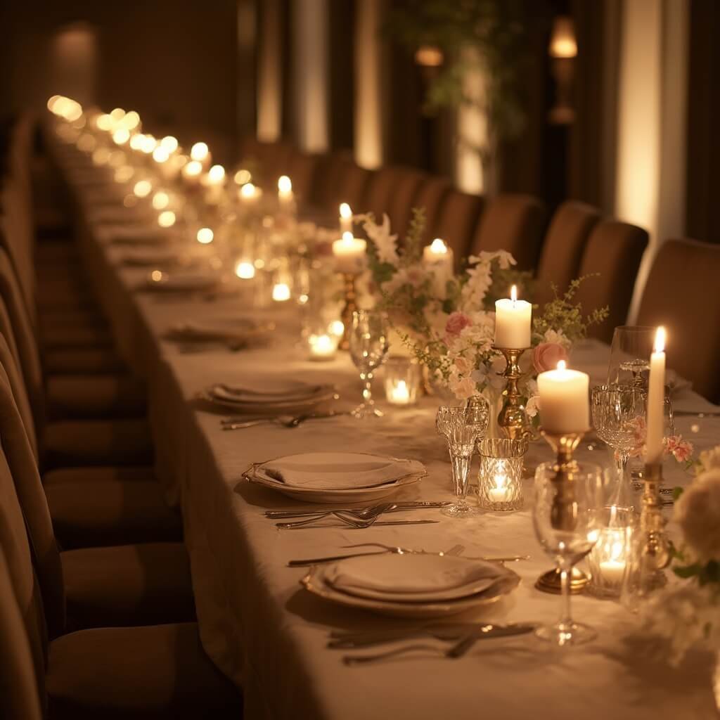 What Does "Luxury Wedding Decor" Actually Mean? Elegant candlelit reception room with long tables adorned in rich linen, brass candlesticks, and delicate floral arrangements, with a warm ambient glow from hidden uplighting.