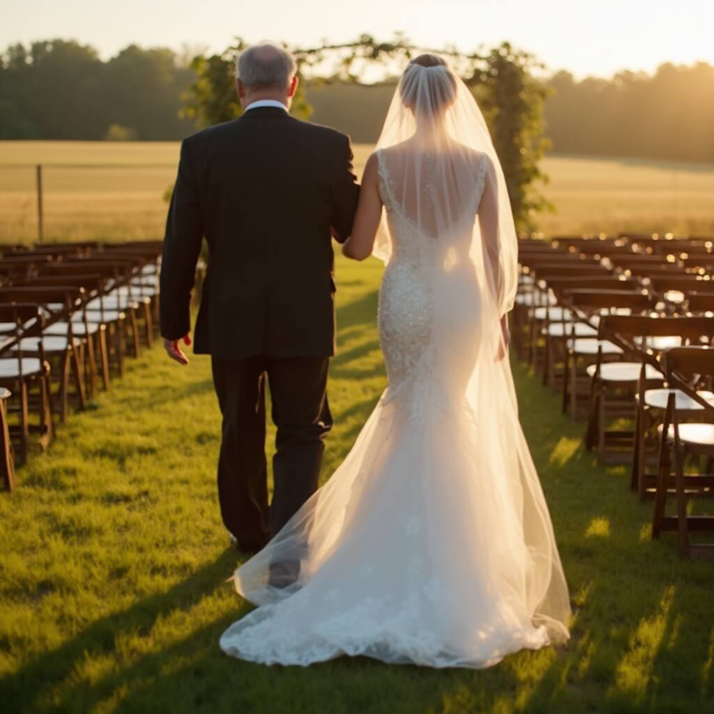 Choosing a Bride Dress — Where to Start and What Actually Matters Bride in mermaid gown being walked across grassy field by her father at a late September farm wedding during golden hour
