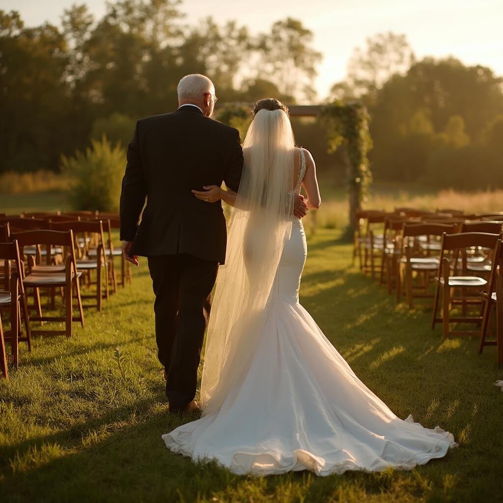 Choosing a Bride Dress — Where to Start and What Actually Matters Bride in mermaid gown being carefully walked across dewy grass by her father at a late September farm wedding, with sunlit veil and rustic arch in the background.