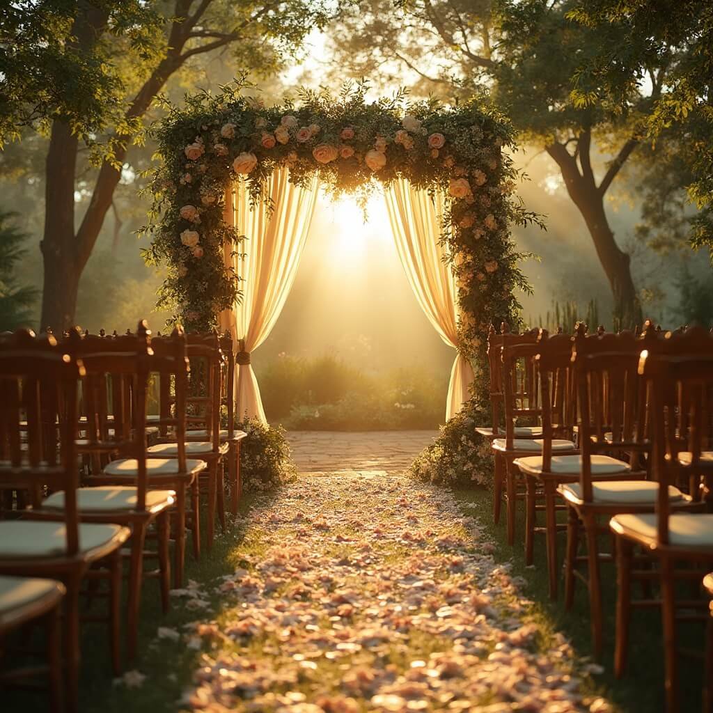 Planning Your Wedding Decor — Where to Start and What Actually Matters Sunlit garden wedding setting with floral arch, fairy lights, wooden chairs, and petal-strewn aisle under soft golden light filtering through trees
