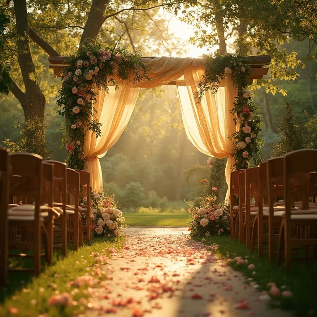 Planning Your Wedding Decor — Where to Start and What Actually Matters Sunlit garden ceremony setup with floral arch, sheer curtains, fairy lights, and wooden chairs on either side of a petal-strewn aisle, backlighted by golden hour light through dappled trees.