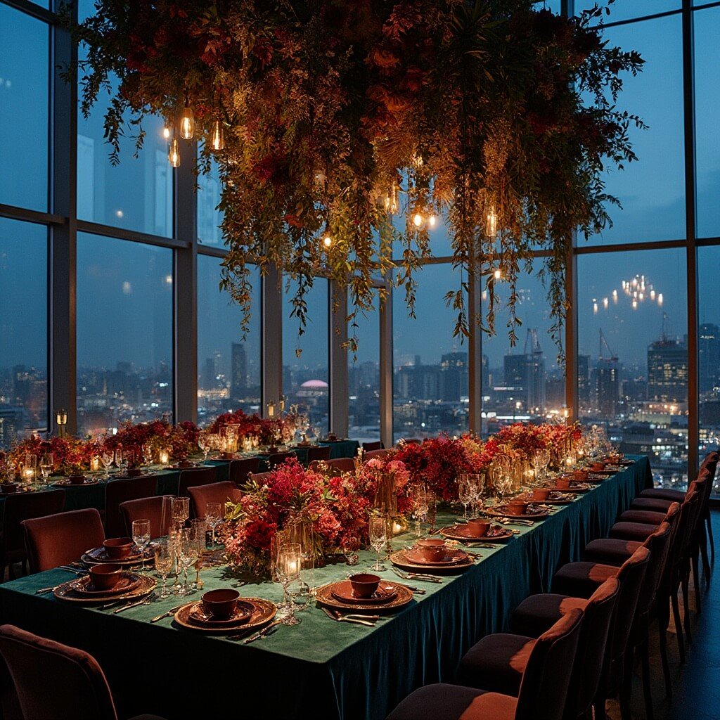 What Does "Luxury Wedding Decor" Actually Mean? Luxurious wedding reception in glass-box venue at night featuring jewel-toned floral installation, velvet linens, gold flatware, and warm interior lighting against a cool blue night sky.