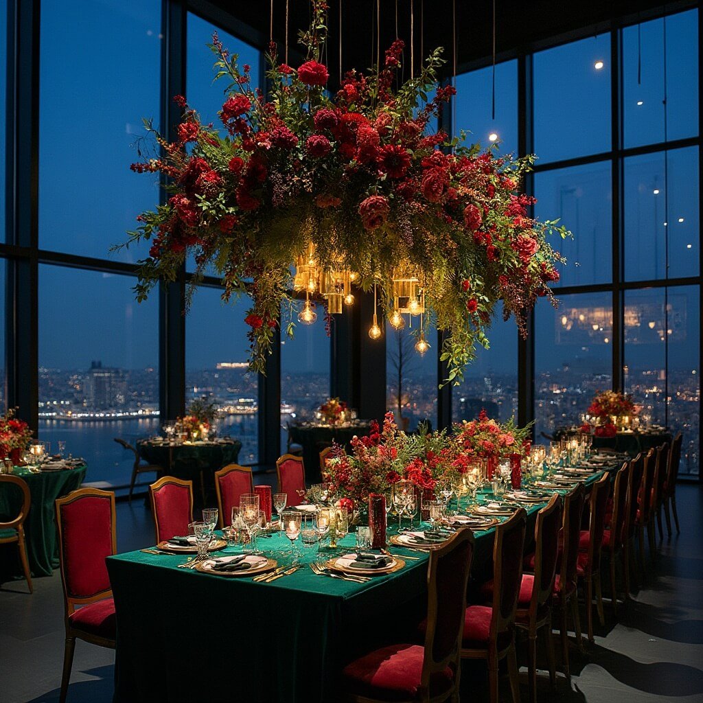 What Does "Luxury Wedding Decor" Actually Mean? Dramatic luxury wedding reception in a modern glass-box venue with floor-to-ceiling jewel-toned floral installation, velvet linens, gold flatware, and pendant lighting against a night cityscape backdrop.