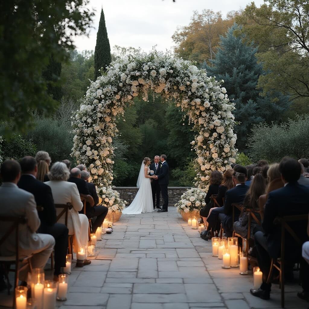 What Does "Luxury Wedding Decor" Actually Mean? Late-September dusk wedding in a stone garden, with an enormous arch adorned with white roses and jasmine, guests in soft focus, long rows of unlit candles, and a serene couple standing beneath the arch, with muted greens and greys contrasting the white flowers.