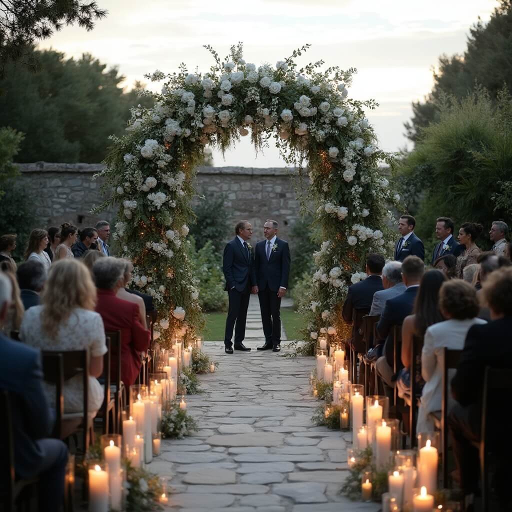 What Does "Luxury Wedding Decor" Actually Mean? Couple standing under a large arch decorated with white roses and jasmine, in a stone-walled garden at dusk, with guests in soft focus, unlit candles in glass holders, and paths leading the viewer's eye towards the arch.
