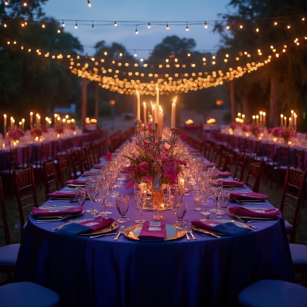 Planning Your Wedding Decor — Where to Start and What Actually Matters Richly decorated sweetheart table at a dusk reception with deep blue and fuchsia linens, chrome candelabras, warm lit floral centerpieces and a canopy of bistro lights.