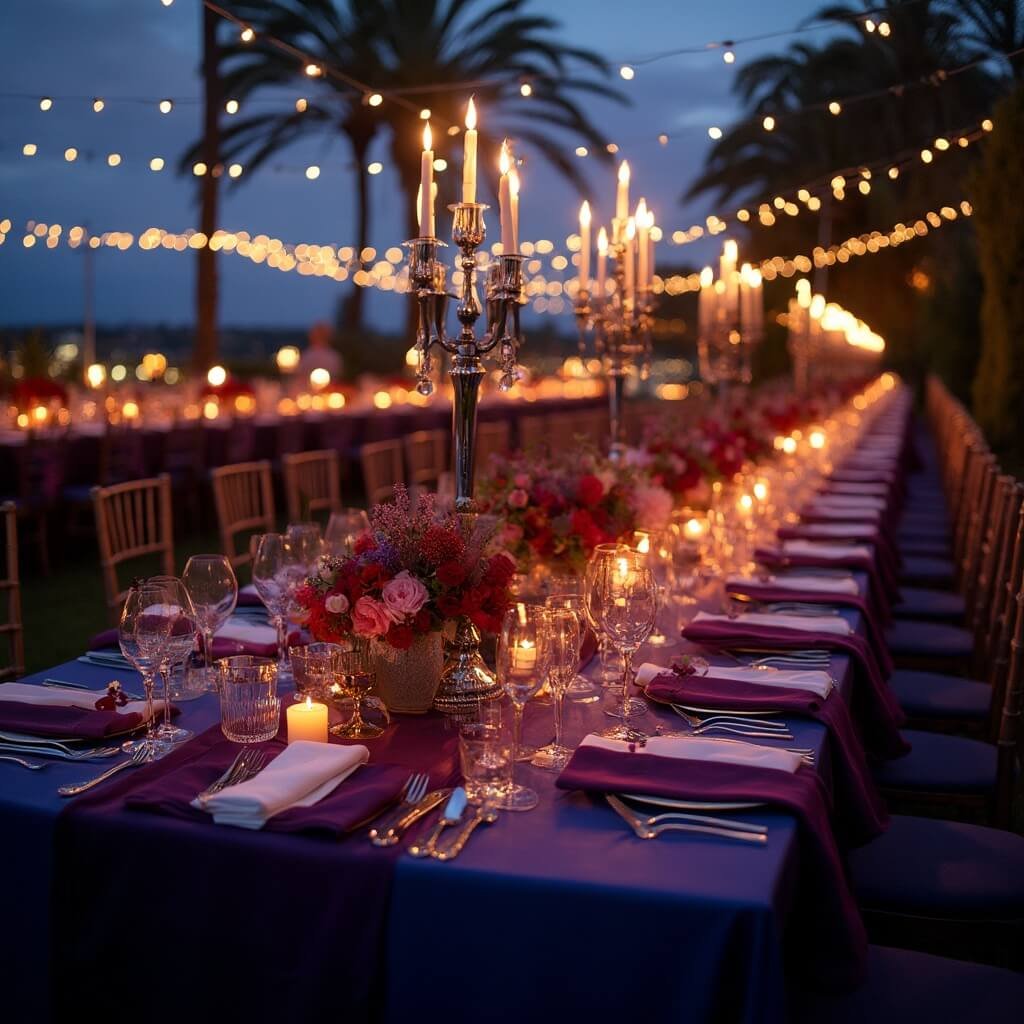 Planning Your Wedding Decor — Where to Start and What Actually Matters Richly decorated reception table draped in blue and fuchsia linens with chrome candelabras and floral centerpieces under warm string lighting, with blurred rows of tables in the background