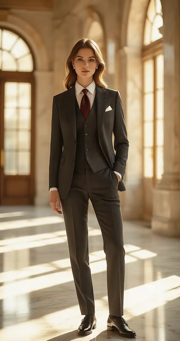 Three-Piece Suit for Weddings: The Complete Style Guide You Actually Need A poised woman in a tailored charcoal three-piece suit stands in a sunlit marble-floored wedding venue foyer, illuminated by soft golden hour light filtering through arched windows. She wears a crisp white shirt, deep burgundy tie, and a white pocket square, complemented by black polished oxford shoes. The image is shot at eye level, capturing a polished and confident atmosphere.