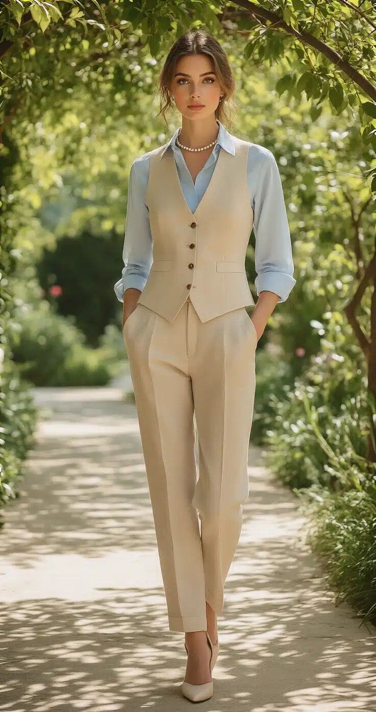 Three-Piece Suit for Weddings: The Complete Style Guide You Actually Need A woman in a beige linen three-piece suit stands in an open-air garden wedding venue, bathed in soft midday sunshine. She wears a pale blue cotton dress shirt, a warm sand-toned waistcoat, and slim trousers that end above her nude block heels. A blush pink silk scarf is knotted at her collar, complemented by a delicate pearl necklace. Dappled light filters through the leafy canopy above, enhancing the fresh and romantic atmosphere.