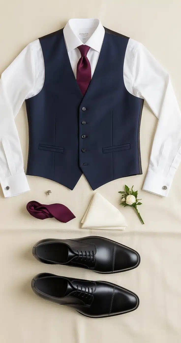 Three-Piece Suit for Weddings: The Complete Style Guide You Actually Need A hyper-realistic flat-lay of essential wedding suit accessories on a cream linen surface, featuring a navy wool-blend waistcoat, white dress shirt with silver cufflinks, a burgundy tie, a white pocket square, an ivory boutonniere, and black leather oxfords, all highlighted by soft diffused window light.