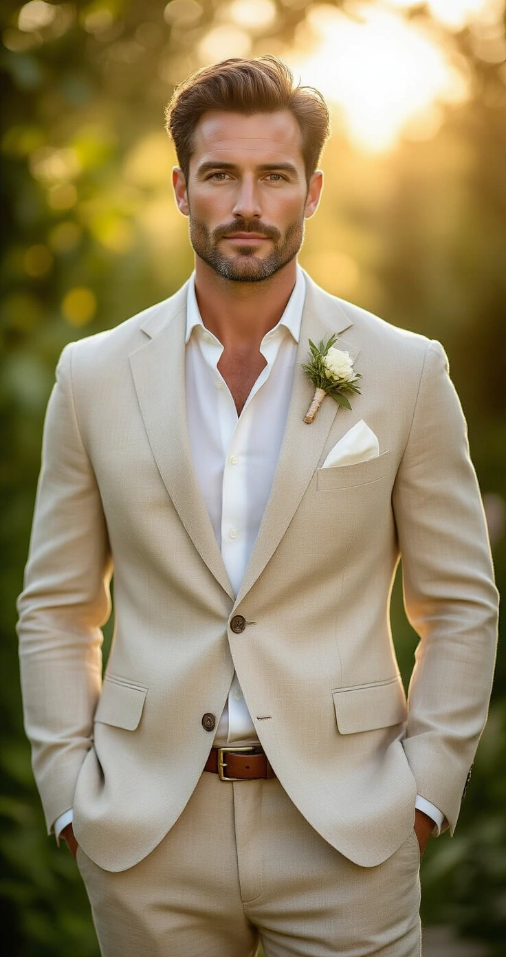 Casual Wedding Outfit for Groom: How to Look Polished Without the Penguin Suit A polished groom in a light tan linen suit stands in a sun-drenched garden during golden hour, exuding relaxed sophistication with a crisp white shirt, brown loafers, and a delicate white boutonniere, surrounded by greenery that casts a warm golden glow.