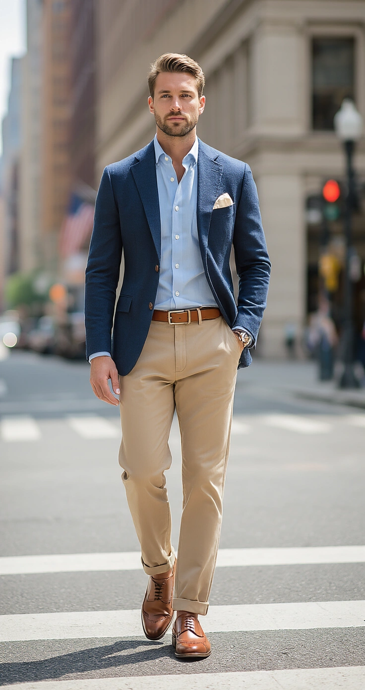 Casual Wedding Outfit for Groom: How to Look Polished Without the Penguin Suit A stylish groom in a fitted navy blazer and tan chinos strides confidently on a sunlit urban street, showcasing a light blue button-down shirt and polished brown brogues, captured at waist-height to accentuate the fabric details and modern streetwear aesthetics.
