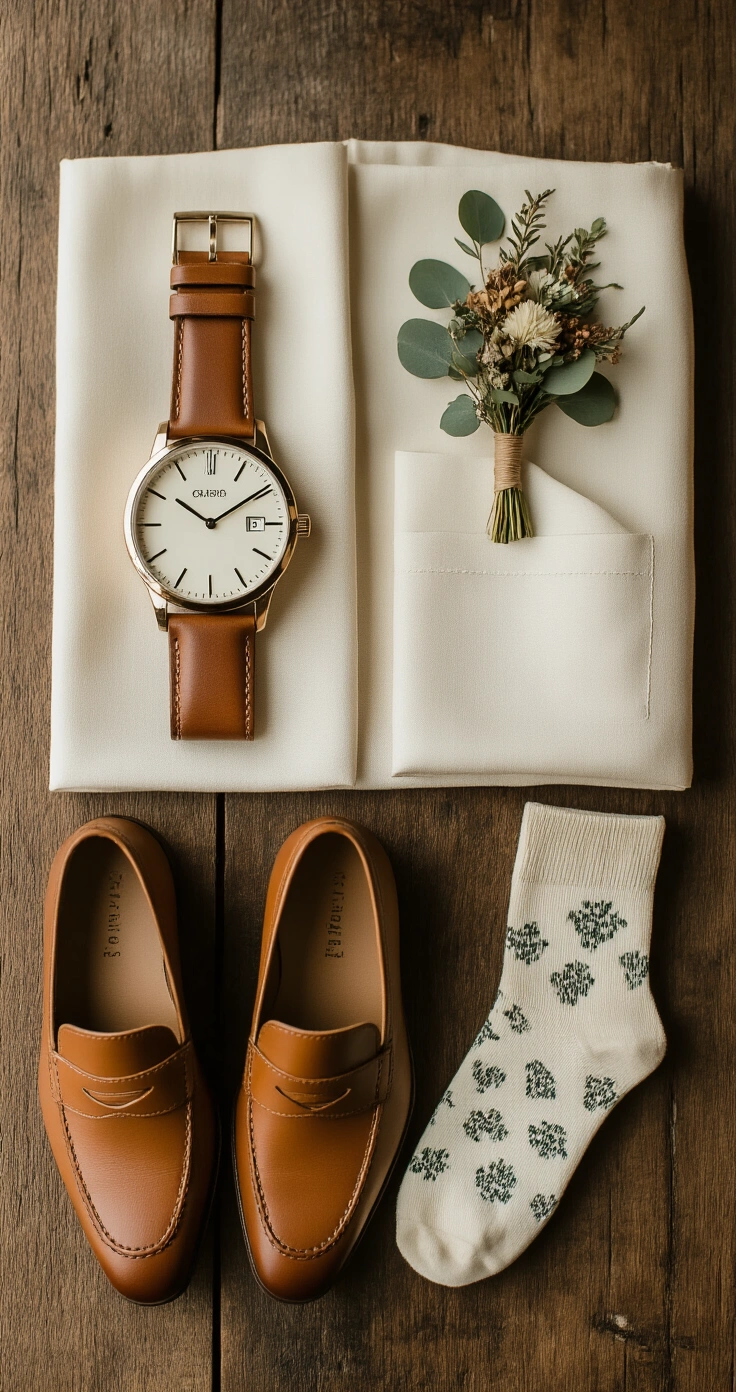 Casual Wedding Outfit for Groom: How to Look Polished Without the Penguin Suit Close-up flat-lay of a casual groom accessory arrangement on a rustic wooden surface, featuring a leather-strap tan watch, an ivory pocket square with soft folds, a minimalist boutonniere of dried florals and eucalyptus, polished cognac loafers, and patterned cotton no-show socks. The scene is softly lit from the left, highlighting warm neutrals and a refined atmosphere, evoking a curated wedding morning preparation.