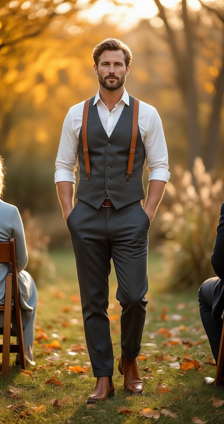 Casual Wedding Outfit for Groom: How to Look Polished Without the Penguin Suit A groom stands confidently in a relaxed backyard setting during golden hour, wearing a tailored vest, a white button-down shirt with rolled sleeves, and charcoal dress trousers. Vintage-inspired leather Chelsea boots and warm copper suspenders add charm to his outfit. The scene captures the silhouette against softly blurred autumn foliage, with warm sunlight casting long shadows across his attire, evoking an atmosphere of effortless vintage elegance in an intimate boho celebration.