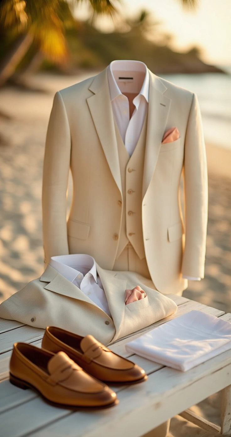Beach Wedding Suits for Men: 10 Outfit Ideas That Actually Work in the Heat A sunlit beachside wedding setup featuring an ivory linen suit, tan leather loafers, and a folded pastel pocket square on a whitewashed wooden surface, with a blurred shoreline and swaying palms in the background, captured in warm amber light.
