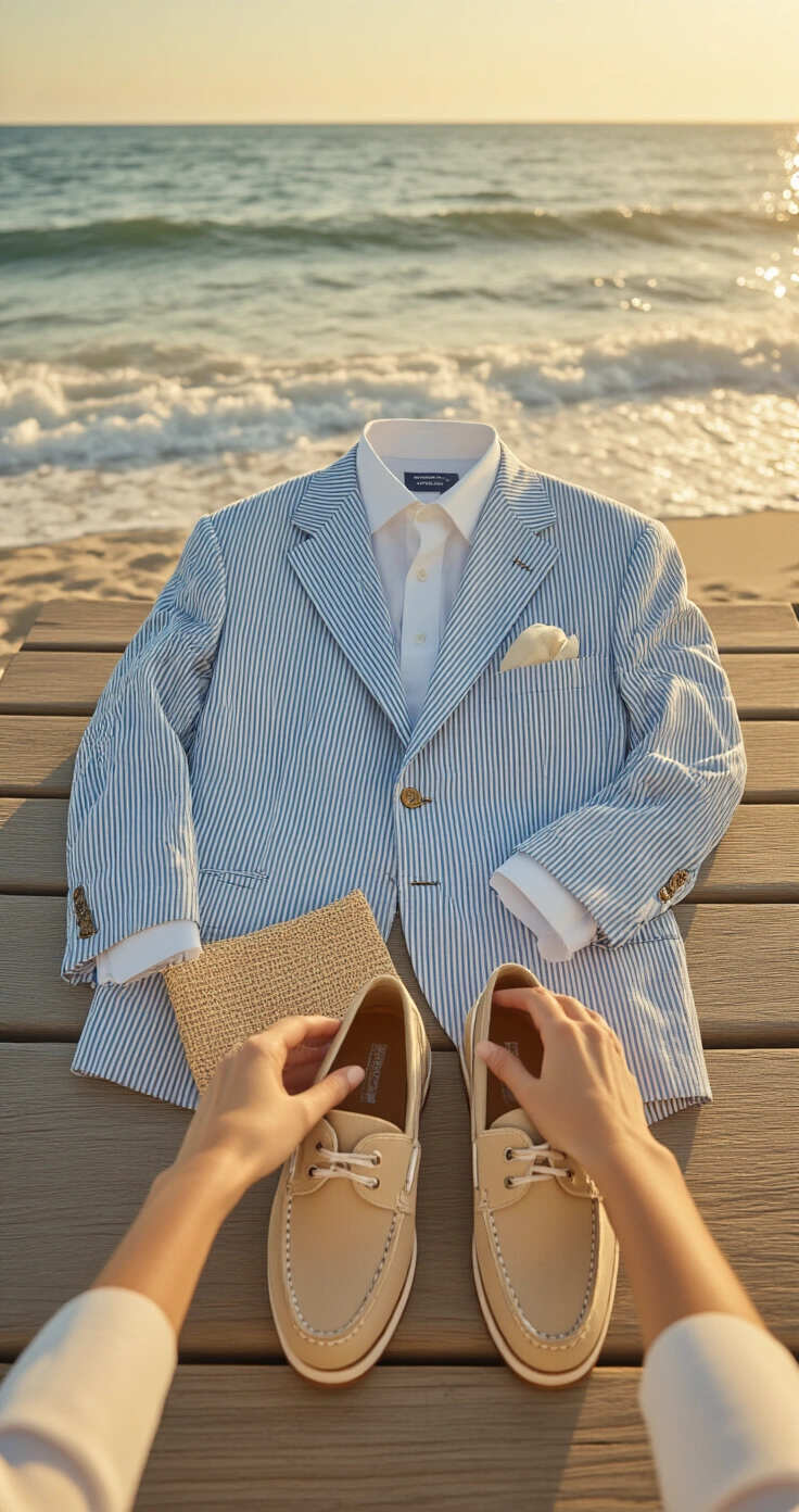 Beach Wedding Suits for Men: 10 Outfit Ideas That Actually Work in the Heat A cinematic flat-lay of a seersucker suit outfit arranged on a sandy wooden boardwalk, featuring a blue-and-white textured jacket, matching trousers, a white dress shirt, tan boat shoes, and a woven straw pocket square, with ocean waves softly blurred in the background and warm golden hour lighting enhancing the fabric's texture.