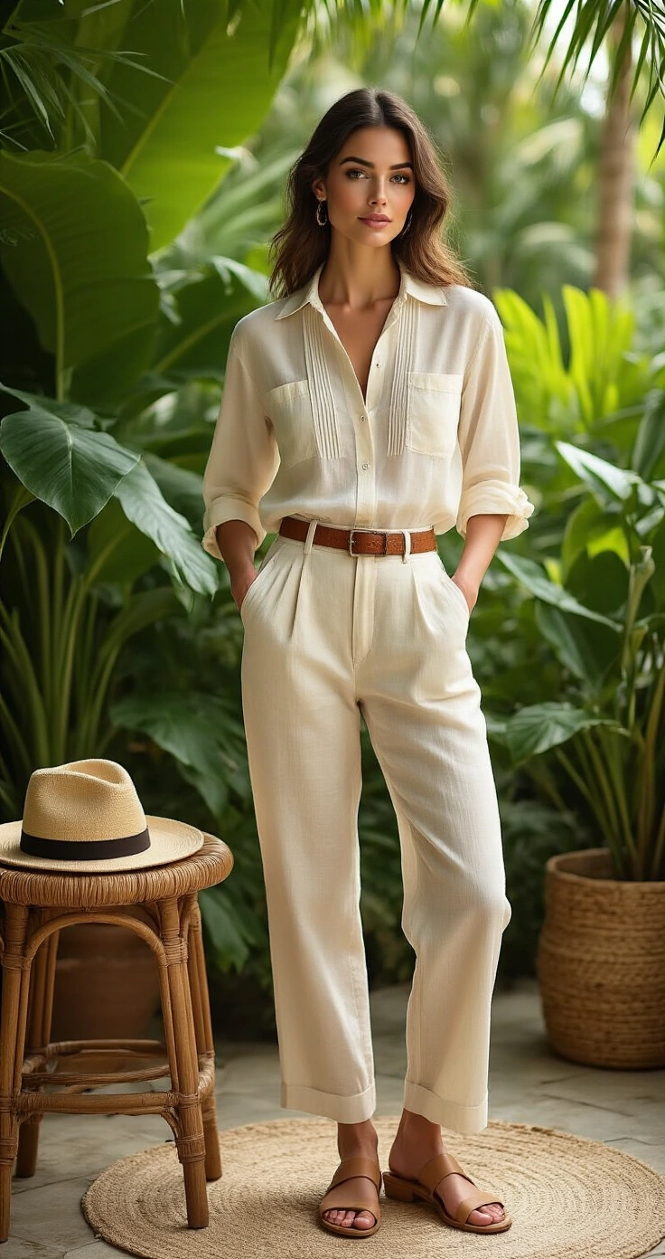 Beach Wedding Suits for Men: 10 Outfit Ideas That Actually Work in the Heat A stylish woman fashion editor styles a cream guayabera shirt and fitted ivory linen trousers on a wooden mannequin in a tropical terrace, surrounded by lush greenery and warm dappled sunlight. A straw fedora and rattan stool add to the elegant ambiance.