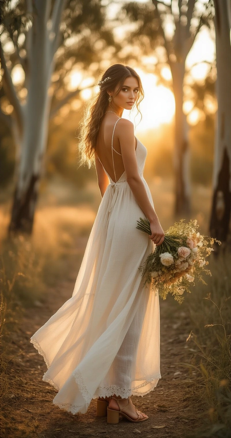 Groom's Summer Wedding Outfit Guide: How to Stay Cool, Sharp, and Completely Stress-Free A bride in a flowing ivory linen maxi dress stands confidently in a sun-drenched outdoor wedding venue at golden hour, surrounded by eucalyptus trees. She wears strappy tan leather sandals and a minimalist gold chain necklace, holding a loose wildflower bouquet in blush and cream, with her hair softly pinned and wispy tendrils framing her face. The scene exudes relaxed summer elegance with warm amber light and soft bokeh in the background.