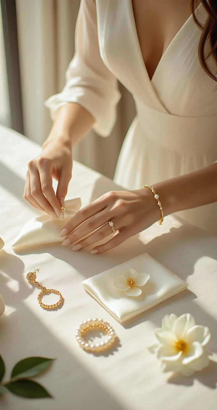 Groom's Summer Wedding Outfit Guide: How to Stay Cool, Sharp, and Completely Stress-Free A bright and serene hotel suite with soft morning light, featuring a female stylist arranging summer bridal accessories in a minimalist flat-lay on a white linen surface. Items include pearl drop earrings, a gold bracelet, a silk white pocket square, ivory ribbon, and a gardenia bloom, all set against a clean, luxurious backdrop.