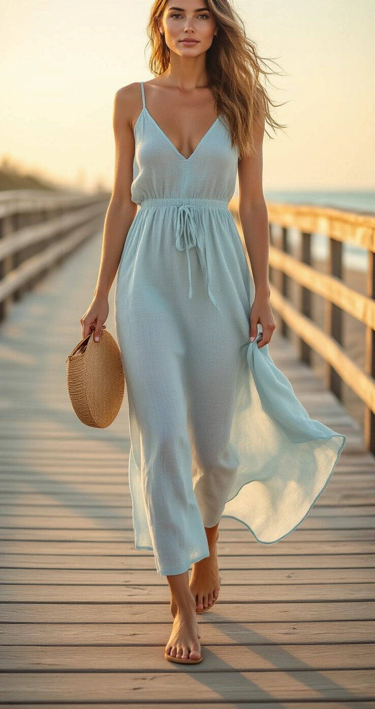 Groom's Summer Wedding Outfit Guide: How to Stay Cool, Sharp, and Completely Stress-Free A well-dressed woman in a flowing pale blue midi dress walks barefoot along a sun-bleached wooden boardwalk at golden hour, carrying tan leather sandals and a woven rattan clutch, as ocean wind tousles her loose waves. Warm amber light casts long shadows, evoking a mood of carefree coastal sophistication.