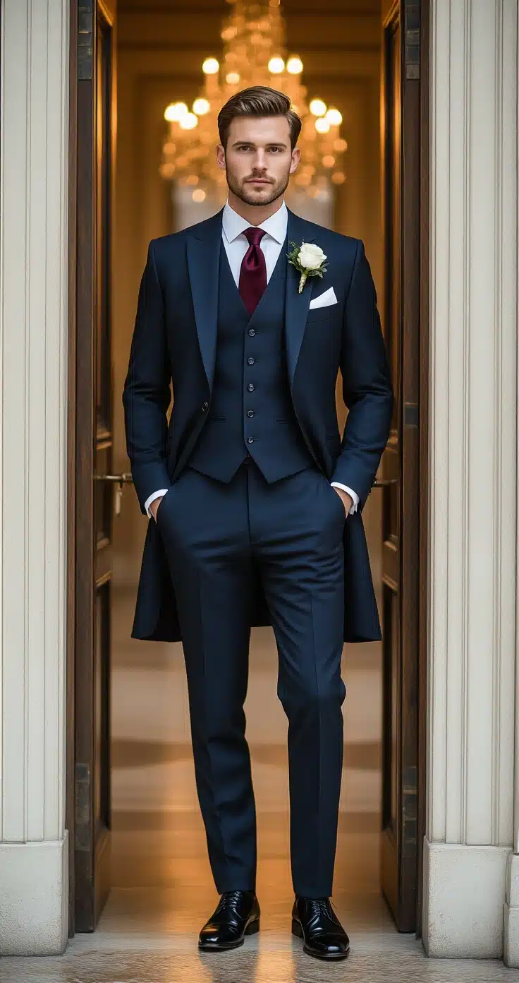 Groom's Winter Wedding Outfit: The Complete Guide to Looking Sharp When It's Freezing Outside A sophisticated groom in a midnight navy three-piece suit with a burgundy tie stands at a candlelit ballroom entrance, exuding elegance with a charcoal overcoat, gleaming black Oxfords, and a white rose boutonniere, captured in warm golden tones with a shallow depth of field.