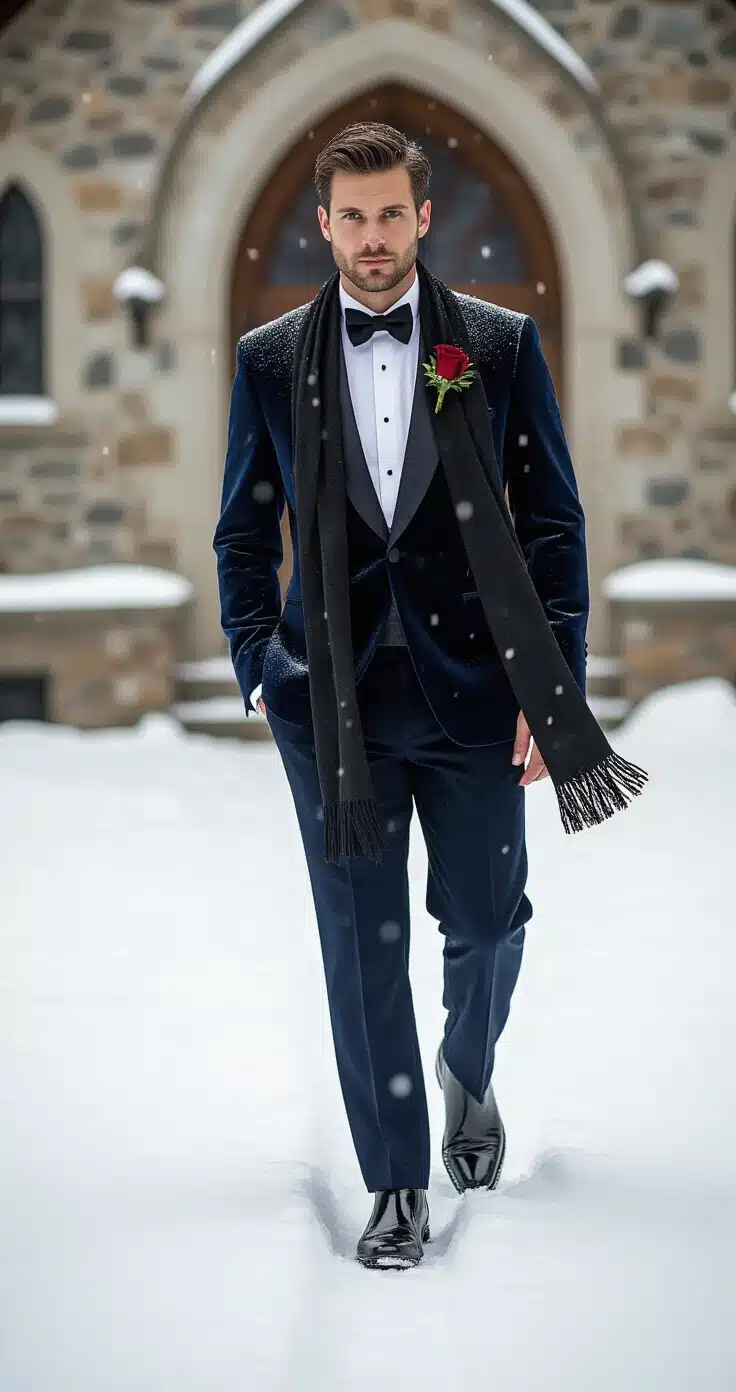 Groom's Winter Wedding Outfit: The Complete Guide to Looking Sharp When It's Freezing Outside A groom in a midnight blue velvet tuxedo and black cashmere scarf walks confidently through heavy snowfall outside a stone church, with patent leather Chelsea boots making impressions in fresh snow and a dark red rose boutonniere catching falling snowflakes, all captured in soft diffused daylight.