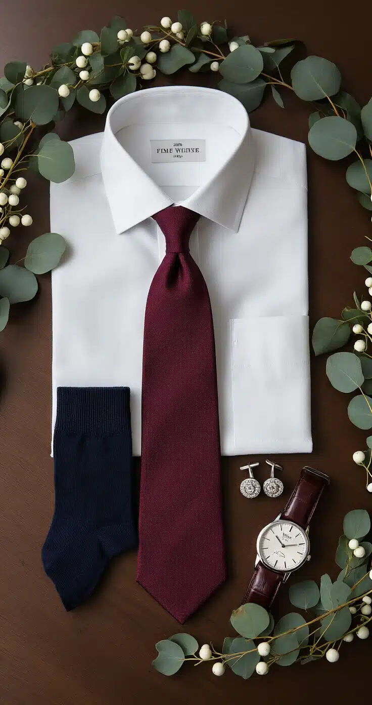 Groom's Winter Wedding Outfit: The Complete Guide to Looking Sharp When It's Freezing Outside A flat-lay arrangement on a dark walnut dressing table featuring a burgundy grenadine silk tie, white linen pocket square, silver cufflinks with gemstone detail, navy merino wool socks, and a slim leather watch. Dark eucalyptus sprigs and white berries frame the composition, illuminated by soft window light.