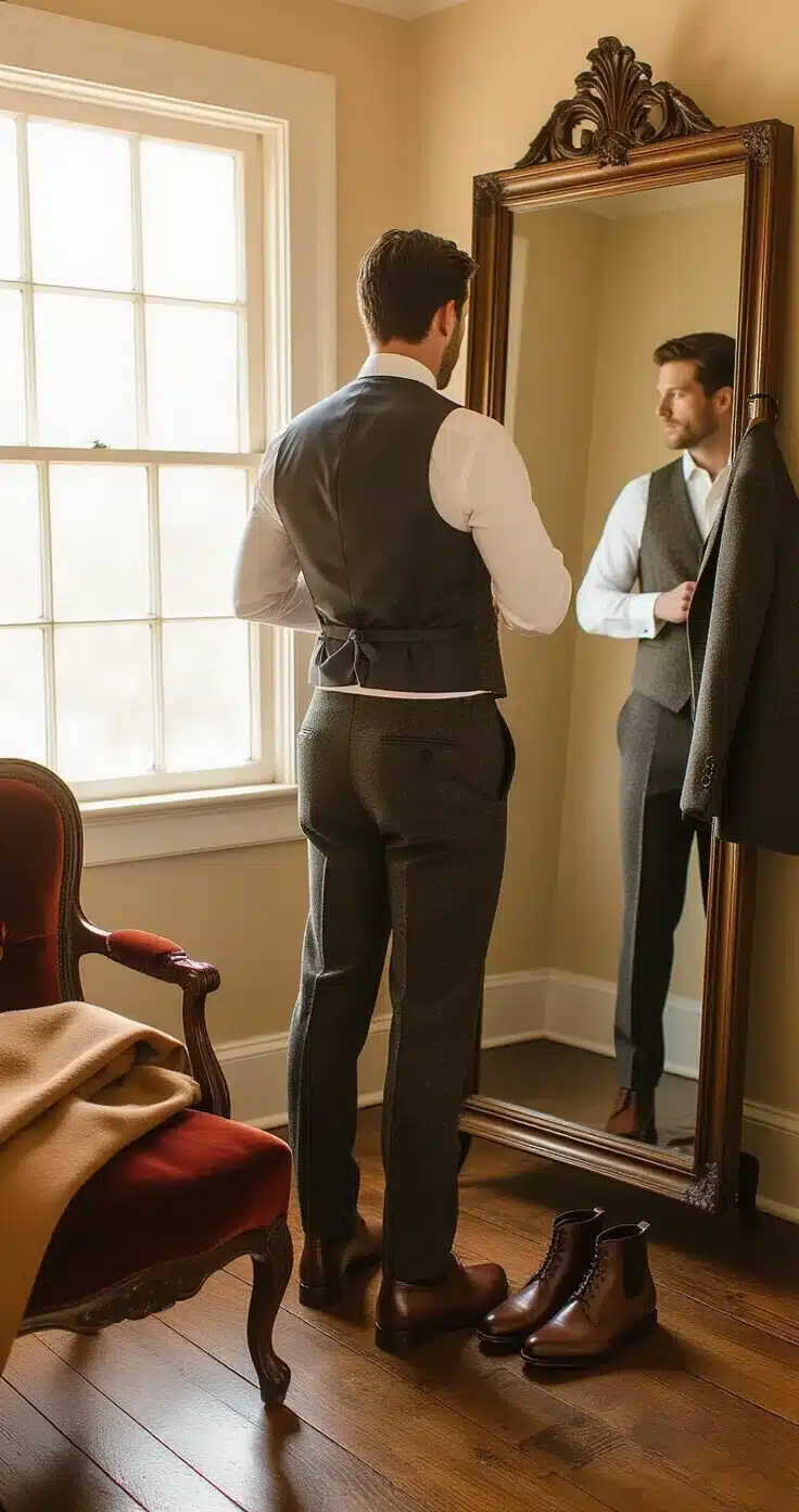 Groom's Winter Wedding Outfit: The Complete Guide to Looking Sharp When It's Freezing Outside A groom adjusts his herringbone tweed waistcoat in front of an antique mirror, surrounded by warm morning light, with a charcoal suit jacket nearby and a camel wool overcoat on a velvet chair. Dark brown Chelsea boots rest on the wooden floor, creating a calm and confident atmosphere.