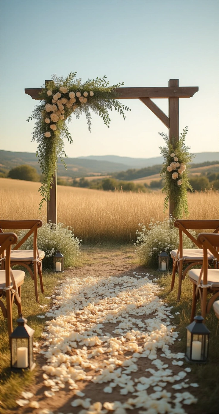 Rustic Wedding Ceremony Ideas That Actually Feel Magical (Not Cheesy) Photorealistic outdoor wedding ceremony in a sunlit golden meadow, featuring a rustic wooden arch adorned with eucalyptus, ivory baby's breath, and wildflowers. Natural wood benches with burlap cushions line a petal-strewn aisle, illuminated by warm amber light. Rolling hills and a blue sky create a romantic backdrop.