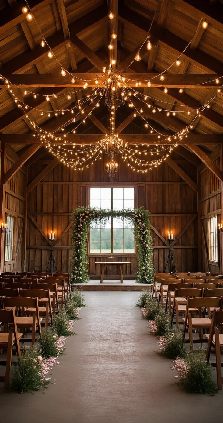 Rustic Wedding Ceremony Ideas That Actually Feel Magical (Not Cheesy) Cinematic wide-angle view of a rustic barn interior at dusk, featuring exposed Douglas fir beams, globe string lights, and mismatched vintage wooden chairs along a central aisle adorned with lavender and wildflower petals. Iron cage lanterns with candles mark row ends, while a simple wooden arch draped in greenery and peonies stands at the altar. The warm chestnut and dusty grey barn walls add texture to the intimate setting.