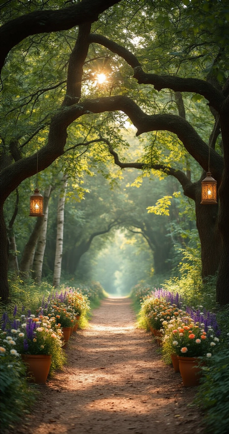 Rustic Wedding Ceremony Ideas That Actually Feel Magical (Not Cheesy) Photorealistic image of a romantic forest wedding ceremony path flanked by wildflowers and hanging lanterns, under dappled light from ancient oak trees, leading to a softly lit altar framed by birch trees.