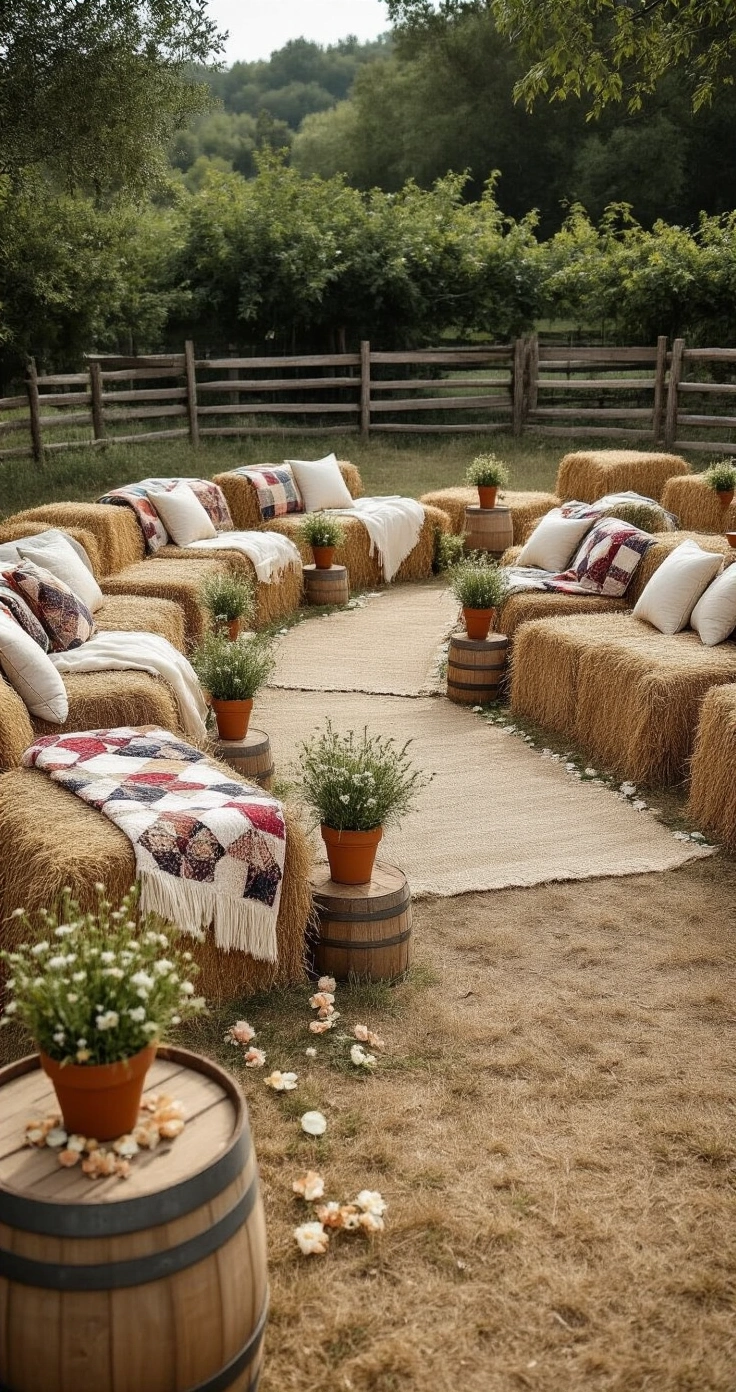 Rustic Wedding Ceremony Ideas That Actually Feel Magical (Not Cheesy) A photorealistic outdoor wedding ceremony seating arrangement with hay bales draped in patchwork quilts and cream linens, arranged in curved rows and adorned with wildflower posies, surrounded by a dry grassy area with flower petals, rustic barrel aisle markers, and a partially visible wooden fence with climbing roses, all captured in soft overcast light.