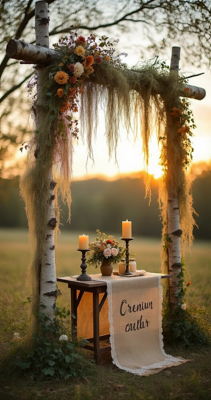 Rustic Wedding Ceremony Ideas That Actually Feel Magical (Not Cheesy) A rustic ceremony altar made of birch and oak limbs, draped in Spanish moss and ivy, adorned with wildflowers in warm tones, set during golden hour with dramatic lighting. A burlap and lace table runner features beeswax candles and a sand ceremony set, alongside hand-lettered wooden signage.